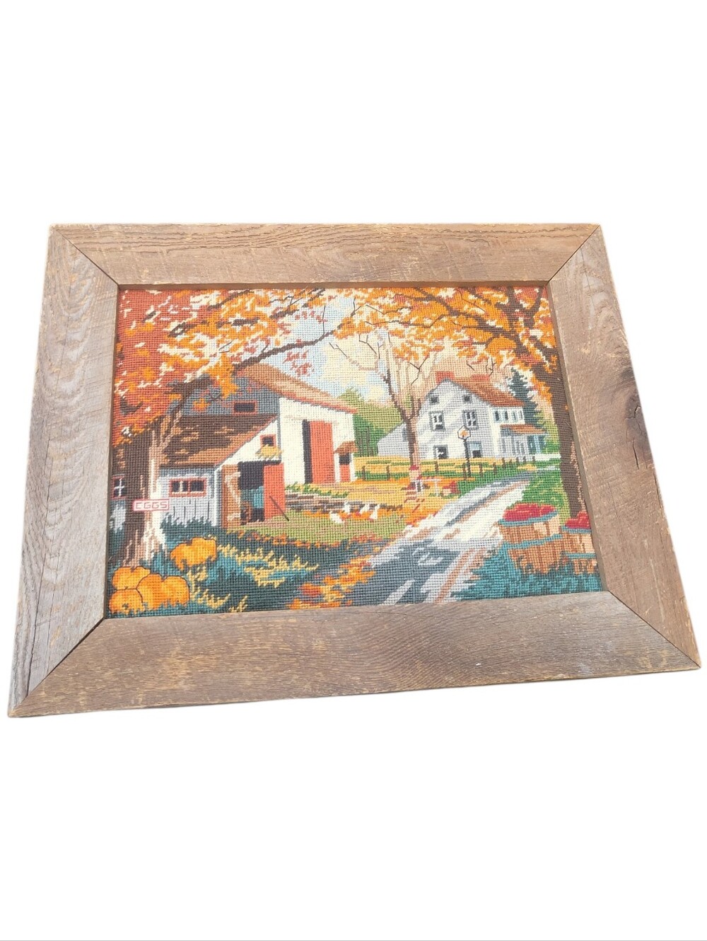 Vintage "The Roads Home" Needlepoint Barnwood Framed Wall Art ~ Farmhouse - Picture 4 of 9